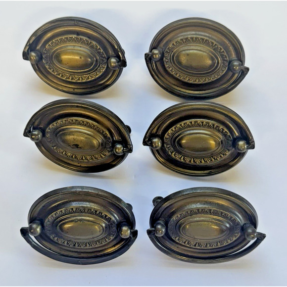 Full set of 6 Hepplewhite Style 3" Oval Brass plated Drawer Pulls with 1" Screws - Picture 1 of 5